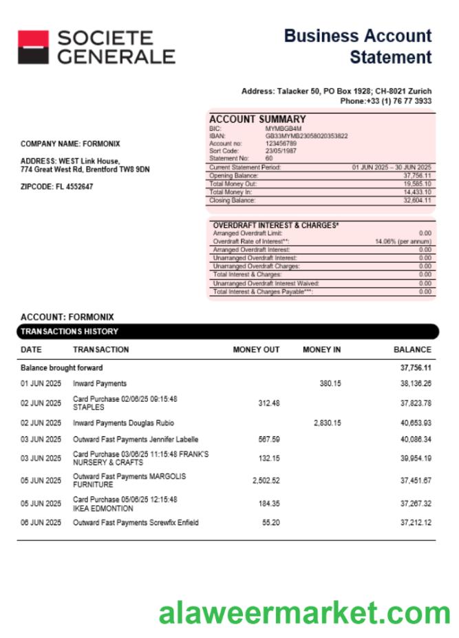Societe Generale business account statement Word and PDF template